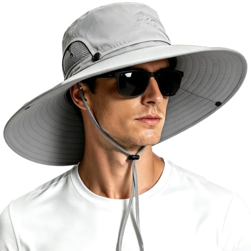 Mens Sun Hat Wide Brim Sun Hats for Men UV Protection Waterproof Bucket Hat - color: Light Grey