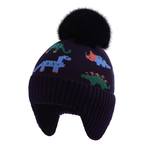Kids Winter Hat with Ear Flaps, Toddler Boys Girls Fleece Lined Knit Beanie Colorful Pattern Pom Pom Ski Cap for 2-10Y - color: Navy Blue,dinosaurs(fleece Lined ), size: 2-4T