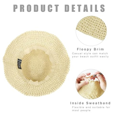 Floppy Straw Sun Hat Foldable Hand-Woven Crochet Straw Hats Outdoor Summer Beach Headwear for Women Girl Beige