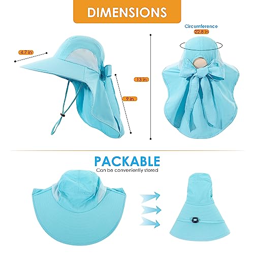 Womens Sun Hat UV Protection, Foldable Waterproof Wide Brim Bucket Hats with Neck Flap for Summer Beach Fishing Hiking - color: Sky Blue