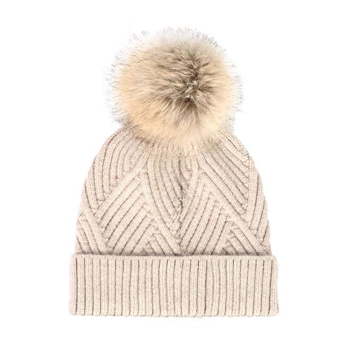 C.C Kids' Suede Patch Snuggly Soft Warm Knit Pom Cuff Beanie - color: Criss Cross Faux Fur, Beige Mix