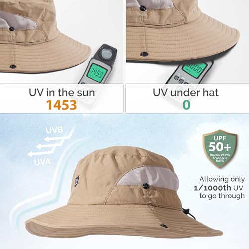 Hat Hut Hiking Hat, UPF50+ Wide Brim Sun Bucket Hats for Men Women, UV Protection, Fishing Outdoor Safari - color: Khaki