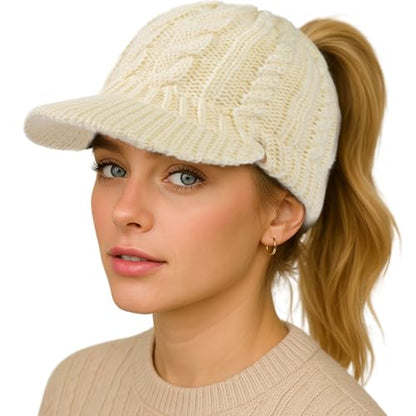 ChicPony™ Merino Wool Visor Ponytail Beanie with Brim Fleece Lined 3 Bun Openings Hole Warm Windproof Knit Cap Winter Hat - color: Ivory Cream(pony)