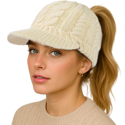 ChicPony™ Merino Wool Visor Ponytail Beanie with Brim Fleece Lined 3 Bun Openings Hole Warm Windproof Knit Cap Winter Hat - color: Ivory Cream(pony)