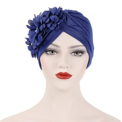 Flower Pre-Tied Turban Beanie, Soft Chemo Cap for Women Cancer Hair Loss - color: Blue