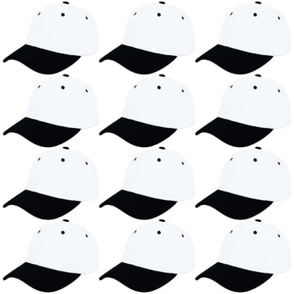 ZH Plain Adjustable Baseball Cap - Lot of 12 Unisex Blank Design Caps - color: White-black