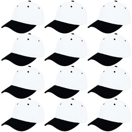 ZH Plain Adjustable Baseball Cap - Lot of 12 Unisex Blank Design Caps - color: White-black