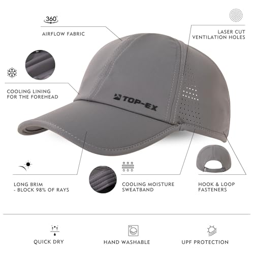 TOP-EX Men's Baseball Cap Cooling Running Hat UPF 50 for Big Head Soft-Top - color: Steel Grey, size: Medium-Large