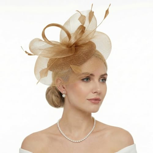 tiggell Fascinators Tea Party Hat for Women, Fascinator with Pillbox Hat - color: Gold