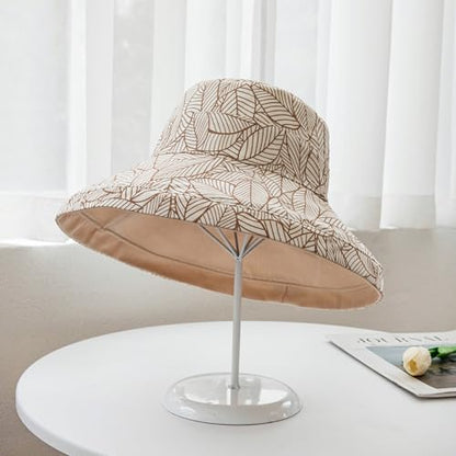 HUAMULAN Wide Brim Women Summer Sun Floppy Hat Reversible Beach Bucket Hat - color: Beige