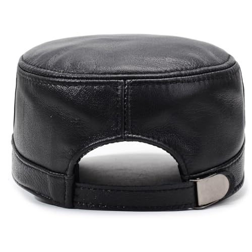 Men's Genuine Leather Cadet Army Caps Military Style Hat Flat Top Cap - color: Black