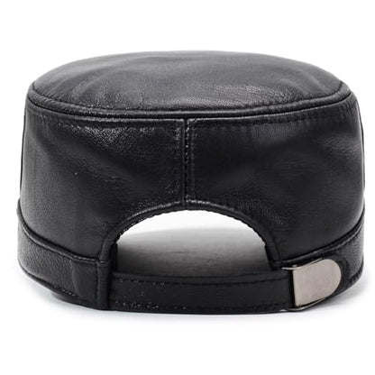 Men's Genuine Leather Cadet Army Caps Military Style Hat Flat Top Cap - color: Black