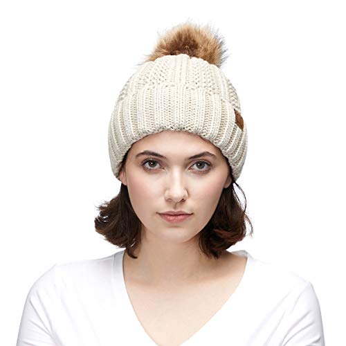 C.C Exclusives Fuzzy Lined Knit Fur Pom Beanie Hat (YJ-820) - color: Beige