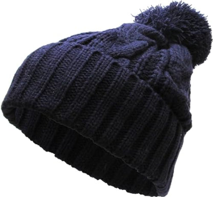 KBETHOS Women's Winter Warm Thick Oversize Knitted Beanie Hat with Pom Pom - color: Navy Cable Knit Pom Beanie