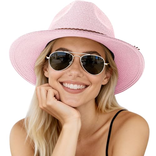 AQOKKA Summer Sun Hats for Women Straw Panama Hat with Wide Brim Roll Up Travel Fedora Beach Hat for Women Men UPF 50+ - color: Woven Rope : Pink