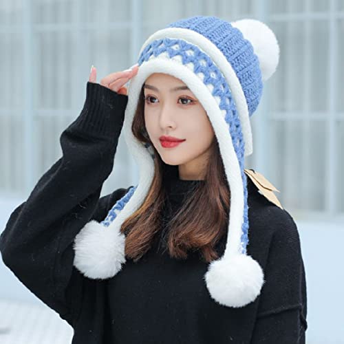 HUAMULAN Women Winter Peruvian Beanie Hat Ear Flaps Fleece Lining - color: Blue White