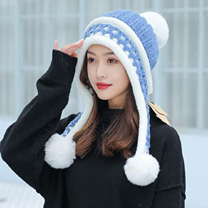 HUAMULAN Women Winter Peruvian Beanie Hat Ear Flaps Fleece Lining - color: Blue White