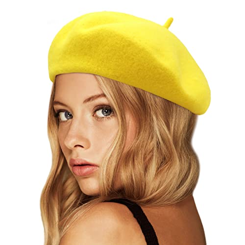 Wheebo Wool Beret Hat,Solid Color French Style Winter Warm Cap for Women Girls Lady - color: Lemon Yellow