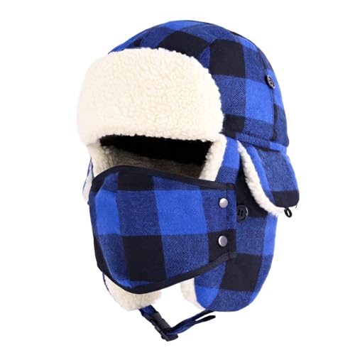 Buffalo Plaid Winter Trapper Hat, Sherpa Lined Ear Flap Hunting Cap Men - color: Buffalo Plaid (Royal)