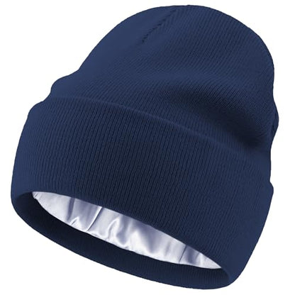 Satin Lined Knit Beanie Hat-100% Cotton Winter Hats for Women Men - color: 1-navy Blue