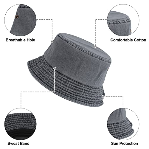 Washed Cotton Bucket Hats Packable Summer Beach Cap for Men Women - color: Ce-bh-gray-white-navy