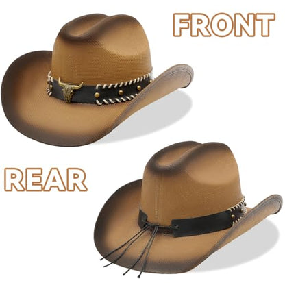 WQWOVRVO Cowboy Hat,Cowgirl hat,Brown Cowboy Hats for Women/Mens Straw Wide with Shapeable Brim Western Cowboy Hat for Womens - color: Brown & Coffee Color B