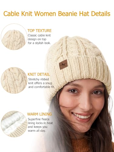 Winter Hats for Women Cable Knit Chunky Skull Cap Fleece Lined Thick Fold Cuff Beanie hat - color: Oatmeal, style: Wheat Spike