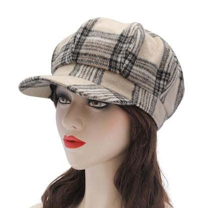 ZLYC Women Classic Newsboy Cap Visor 8 Panel Gatsby Cabbie Paperboy Hat - color: Tartan Plaid Beige