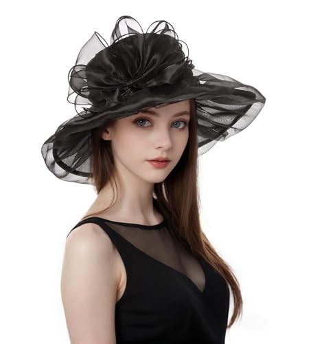 Derby Hats for Women 2026 Women's Elegant Organza Kentucky Fascinator for Church, Tea Party, Weddings Hats - color: Hat1-black