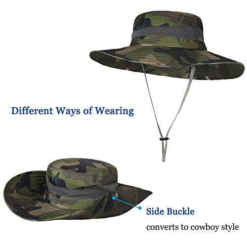 ZLYC Men Waterproof Camo Sun Hat Wide Brim Mesh Fishing Bucket Hat - color: Camo Dark Green