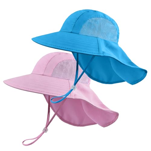 ZOORON 2-Pack Kids Sun Hat with Neck Flap, Bucket Hat for Girls Boys - color: Blue+purple
