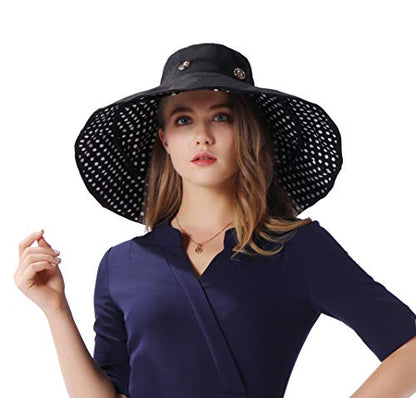 iHomey Packable Shapeable Extra Large Brim Floppy Sun Hat Reversible UPF 50+ Beach Sun Bucket Hat - color: Black-dot