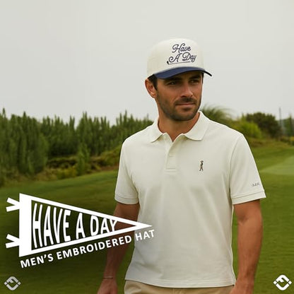Funky Junque Golf Trucker Hat - color: Have a Day - Navy/Beige