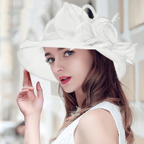 Women's Organza Derby Fascinator Hat Cloche Bowler Hat Cocktail Tea Party Wedding Sun Hat - color: B2-white