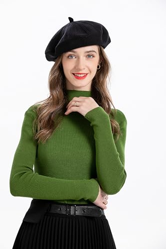 ZLYC Women French Beret Hat Reversible Solid Color Knit Warm Artist Cap - color: Black
