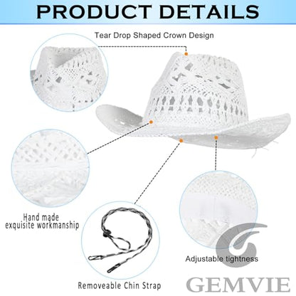 GEMVIE Men & Women's Summer Cowboy Cowgirl Straw Hat Hollow Out Style Roll Up Brim Cowboy Sun Hat - color: White