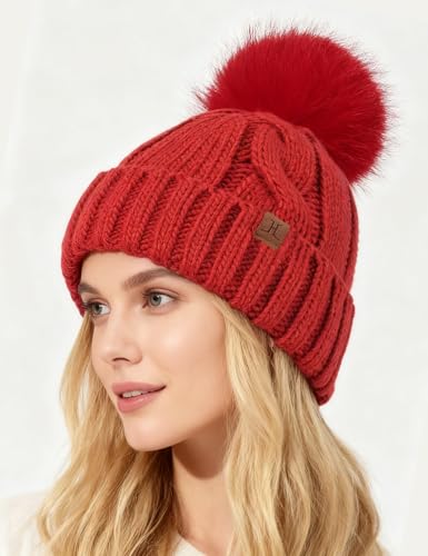 DS DADOU&XIAOSHAN Winter Hats for Women, Fleece Lined Beanie with Pom Pom, Girls Womens Knit Hat Beanies Toboggan - color: Red