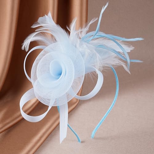 Zinniday Victorian Feather Fascinators Hats - 2025 Derby Attire Headwear with Hairpin,1920s Tea Party Hat for Woman - color: Light Blue
