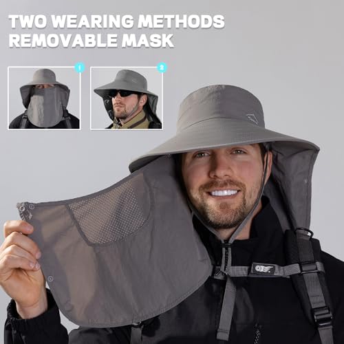 Rosoz Sun Hat for Men Women with Neck Flap& Removable Face Cover Wide Brim - color: 1pack-dark Grey