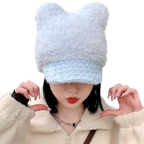 Cat Ears Fleece Lined Brimmed Beanie Hats Winter Golf Cap Brim Bill Visor Women - color: Blue