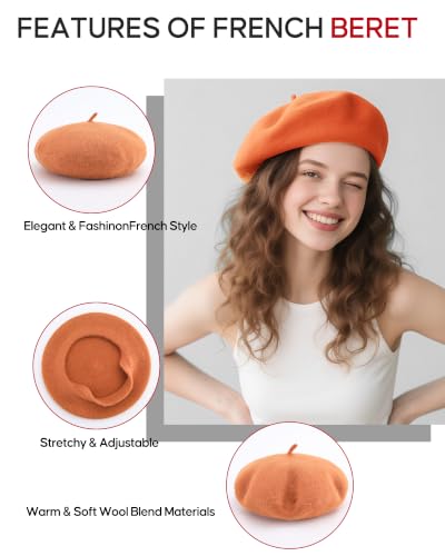 French Beret Hats for Women - Wool Solid Color Beanie Cap - color: Light Orange
