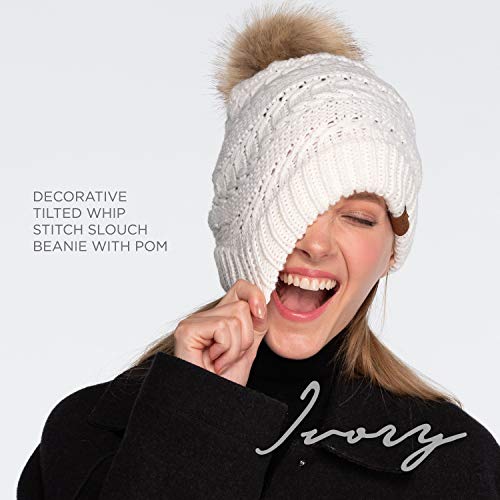 C.C Hatsandscarf Exclusives Unisex Solid Ribbed Beanie with Pom (HAT-43) - color: A Ivory-tilted Stitch