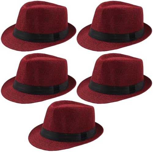Ultrafun 5 Pack Short Brim Fedora Classic Summer Beach Sun Hat Panama Cap for Men Women - color: 5pack-wine Red, size: One Size