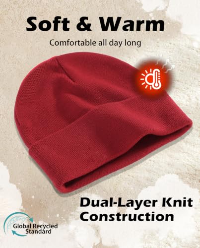 Connectyle Men's Cuffed Beanie Hat Double Layer Knit Winter Watch Cap - color: Dark Red