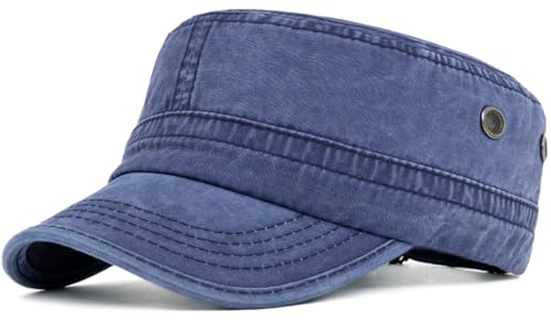 Military Cadet Army Cap for Men Women – Washed Cotton Vintage Adjustable Flat Top Hat - color: Navy Blue
