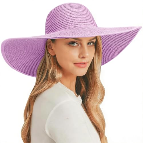 AQOKKA Sun Hats for Women Big Straw Wide Brim Summer Beach Hat Floppy Foldable Roll up Cap for Outdoor UPF 50+ - color: Wide Brim : Purple