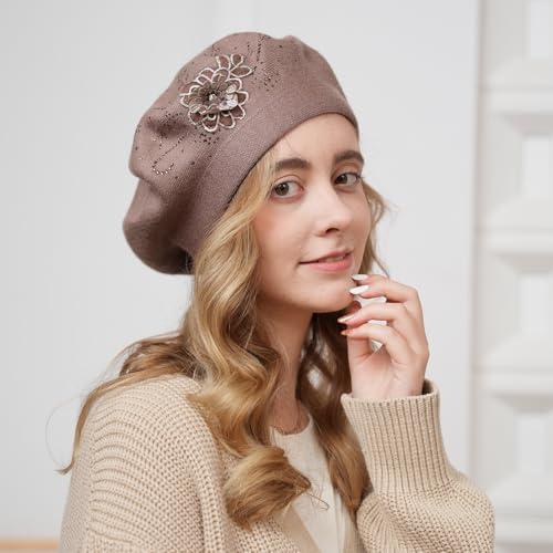 Flower Embroidery Beret Hat for Women, French Style Knitted Beret Hats, Stylish Solid Color Beret Cap for Women Girls Lady - color: Navy Blue