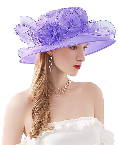 Women Derby Fascinator Hat Organza Church Wedding Hats Wide Brim Cocktail Tea Party Hat - color: 12 Purple