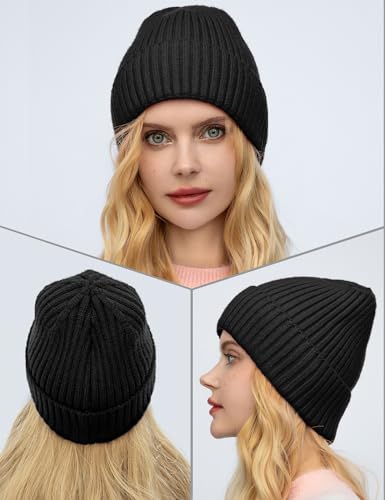 Satin Lined Wool Acrylic Blend Beanie Hat Women Men, Winter Knit Cap - color: 1-black