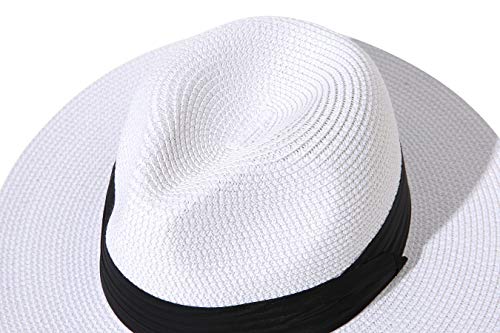 Lanzom Women Wide Brim Straw Panama Roll up Hat Fedora Beach Sun Hat UPF50+ - color: White, size: One Size-Medium